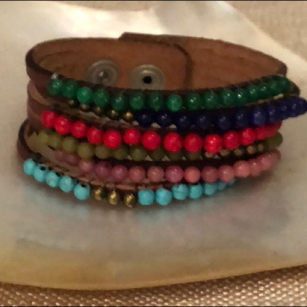 Multi-Row Beaded Leather Wrap Bracelet in Green, Blue, Red, Pink, Turquoise